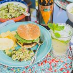 Vya Mojito with a burger, chips and broccoli salad, and a bottle of Vya Extra Dry Vermouth