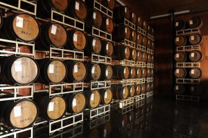 Large stack of barrels at Quady Winery.