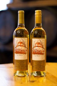 Two bottles of Essensia Orange Muscat dessert wine on a table, one with a screw cap top, and one with a cork top.