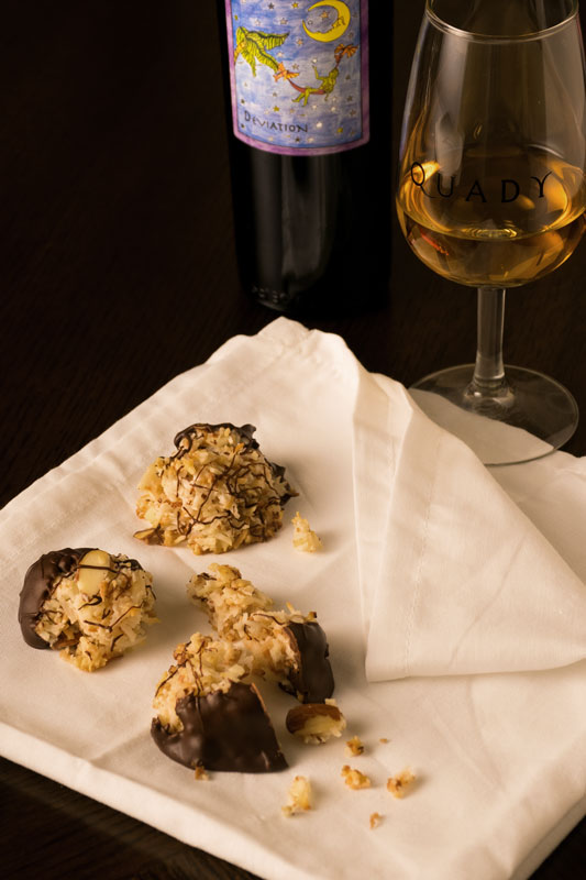 Chocolate Dipped Almond Macaroons Quady Deviation Fortified Sweet Dessert Wine