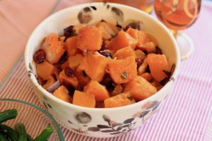 Bowl of chopped and baked sweet potatoes.