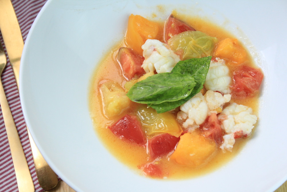 Butter poached Lobster dish Heirloom Tomatos eat fresh eat healthy seafood Fresh tomatoes basil at home recipes