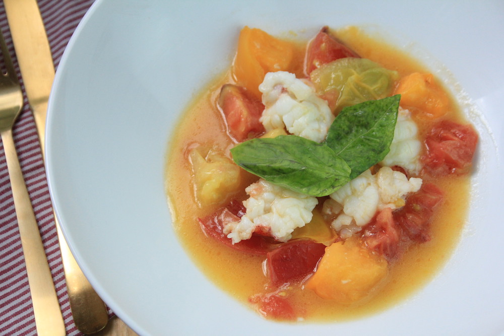 Butter poached Lobster dish Heirloom Tomatos eat fresh eat healthy seafood Fresh tomatoes basil at home recipes