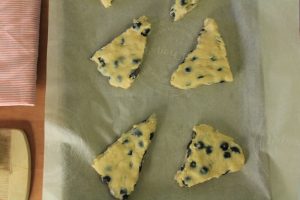 Blueberry scone batter cut into wedges on a baking dish with parchment paper.