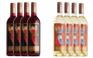 4 bottles of Red Electra Moscato wine next to 4 bottles of Electra Moscato wine.