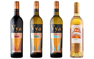 Wine Club release Vya Vermouth lineup with a bottle of Vya Sweet Vermouth, Vya Extra Dry Vermouth, Vya Whisper Dry Vermouth and Essensia Orange Muscat Dessert Wine