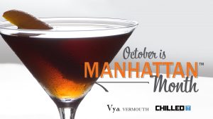 Manhattan cocktail in a martini glass next to the text, "October is Manhattan Month."