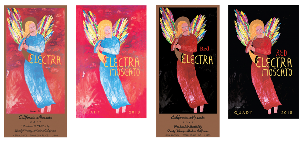Electra Moscato and Red Electra Moscato wine label comparison, the old design VS the new 2018 vintage.