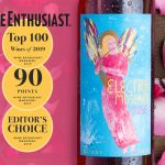Graphic showing Quady Electra Moscato Rose next to Wine Enthusiast's medals for Top 100 Wines of 2019, 90 Points and Editor's Choice
