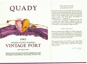 Elysium Port label from 1982 with the heart and information on how port is made.