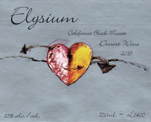 Elysium black muscat wine label with a heart that is half pink and half orange with an arrow through the middle.