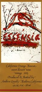 Essensia orange muscat label describing he alcohol percentage and where the wine is from.