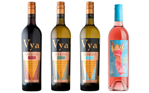 Four bottles lined up showing three different Vya Vermouth wine flavors and one moscato.