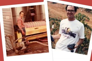 Two vintage photos of Andrew Quady making wine lying on top of a red background.