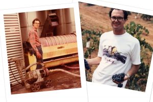 Two vintage photos of Andrew Quady making wine lying on top of a white background.