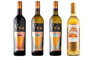 October 2020 Wine Club release Vya Vermouth lineup with a bottle of Vya Sweet Vermouth, Vya Extra Dry Vermouth, Vya Whisper Dry Vermouth and Essensia Orange Muscat Dessert Wine