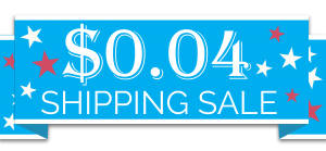 A sign showing four cent shipping with a bright blue backround and white letters. The text says shipping sale.