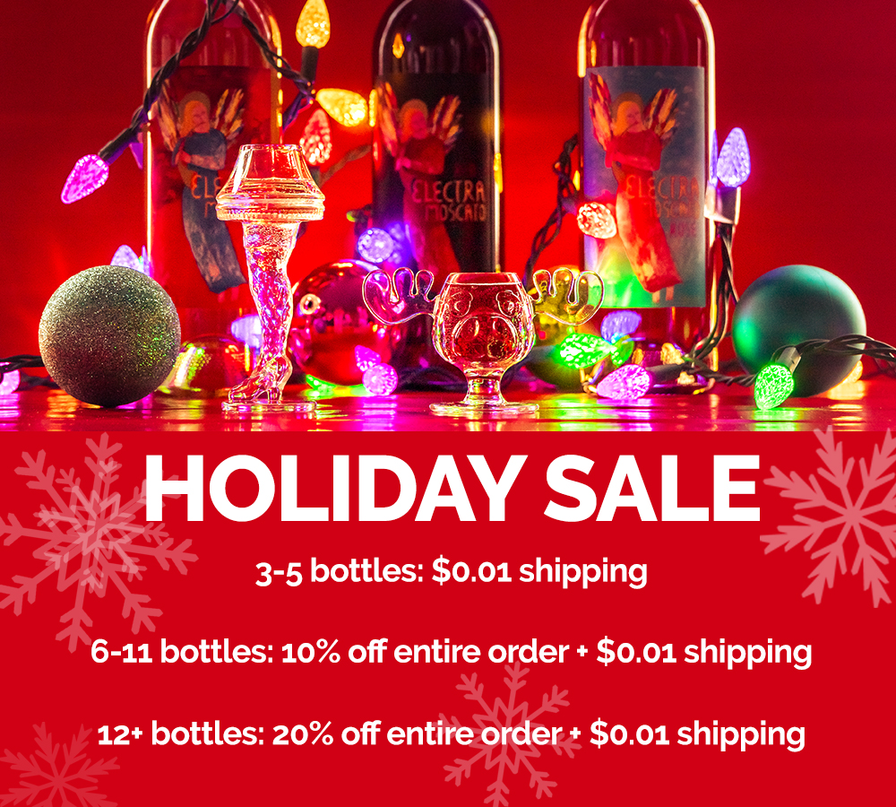 Holiday Sale with electra bottles and two holiday wine cups