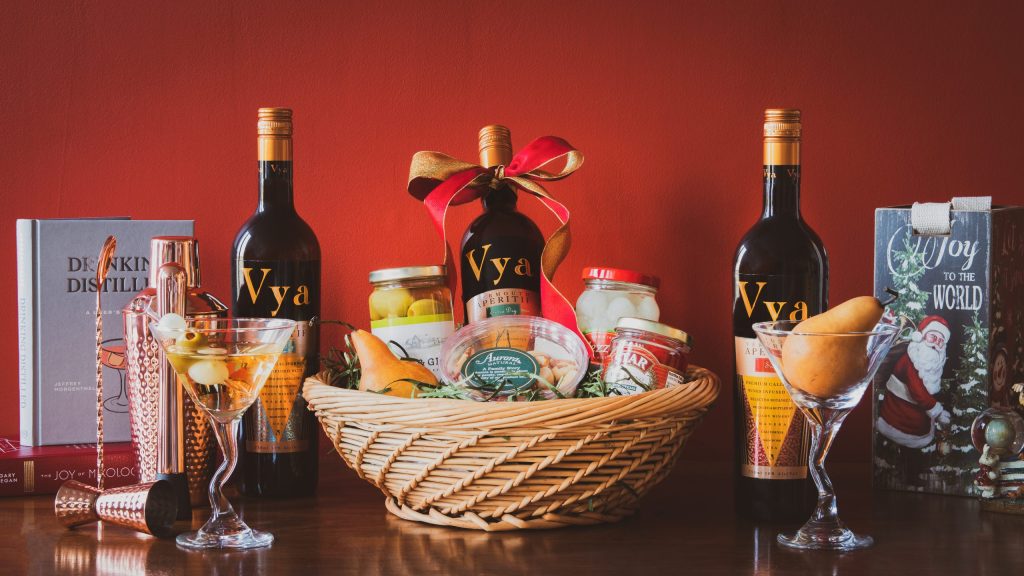 Cocktail Enthusiast gift basket ideas: Vya Vermouths, glasses, books, garnishes and a shaker set