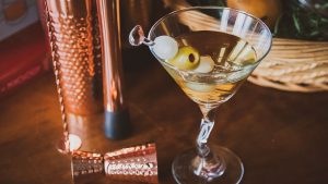 Cocktail Enthusiast Gift Basket - martini glass and shaker set