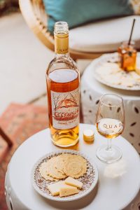 Essensia Orange Muscat Dessert Wine with cheese and crackers and a glass of Essensia
