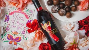 Red Electra Moscato with chocolate truffles and a Mother's Day card