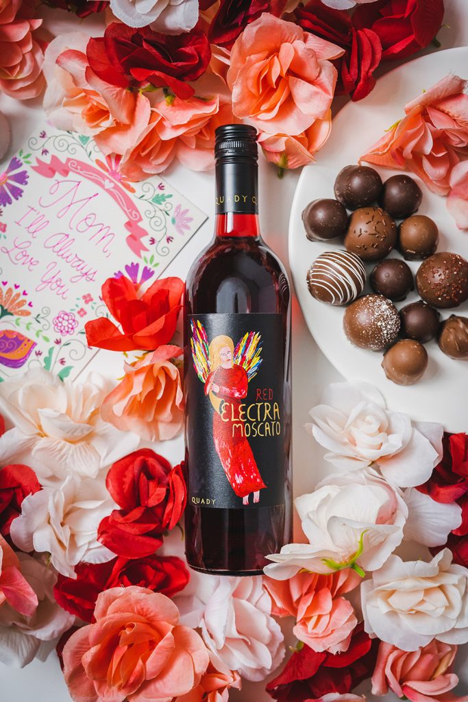 Wine Gift Experience: Red Electra Moscato with flowers and chocolate