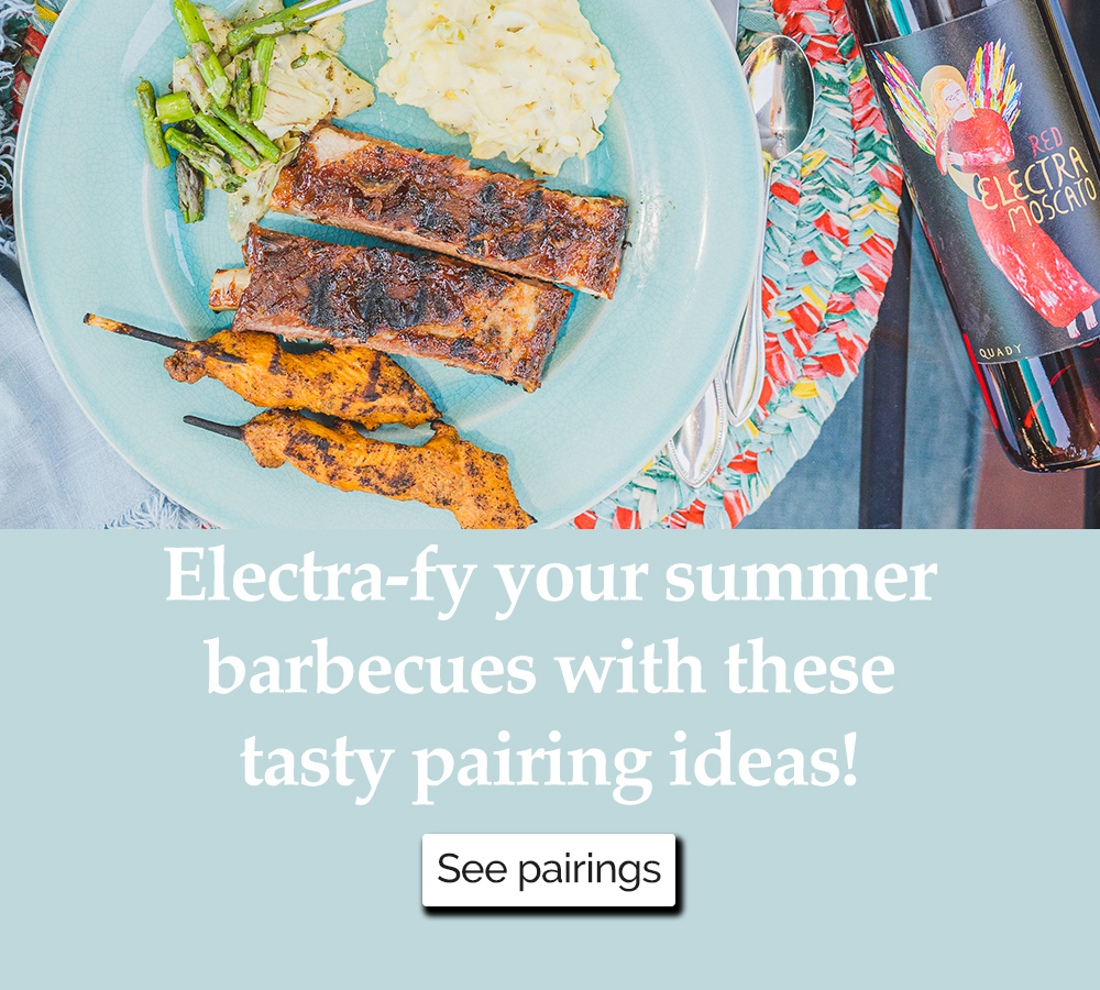 BBQ Ribs with chicken next to Electra bottle that reads Electrafy your summer barbecues with these tasting pairing ideas!