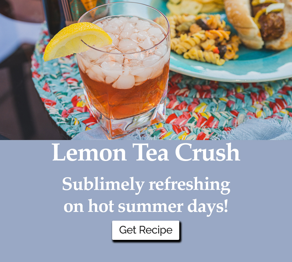 Lemon Tea Crush cocktail with text Sublimely refreshing on hot summer days!