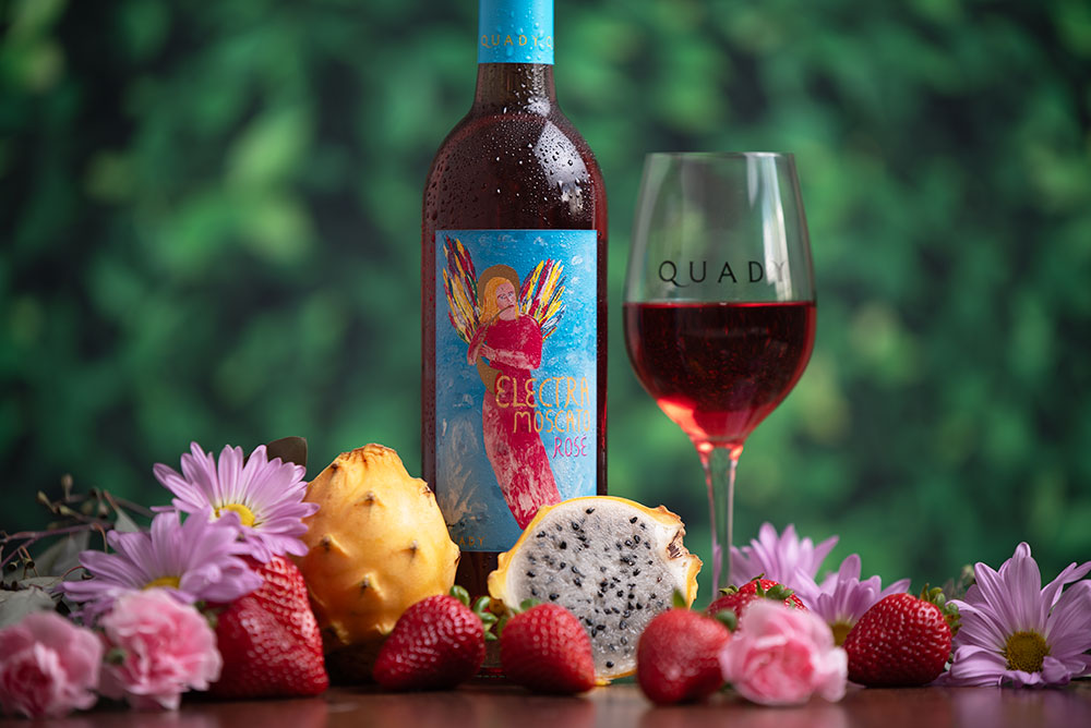 Electra Moscato Rosé with strawberries and dragonfruit.