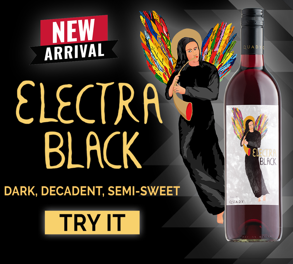 New arrival! Electra Black. Dark, decadent, semi-sweet. Try it! Image of Electra Black bottle with Electra angel with black dress.