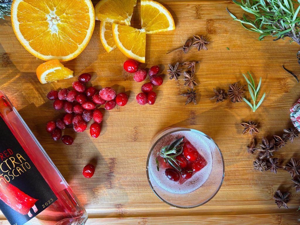 Holiday ice cube in a glass of sparkling wine